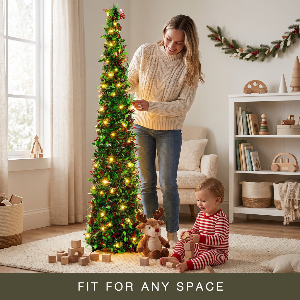 Ayieyill 5ft Pencil Christmas Tree, Collapsible Xmas Tree with Lights, Pop Up Tinsel Tree for Christmas Decorations Indoor, Pink White