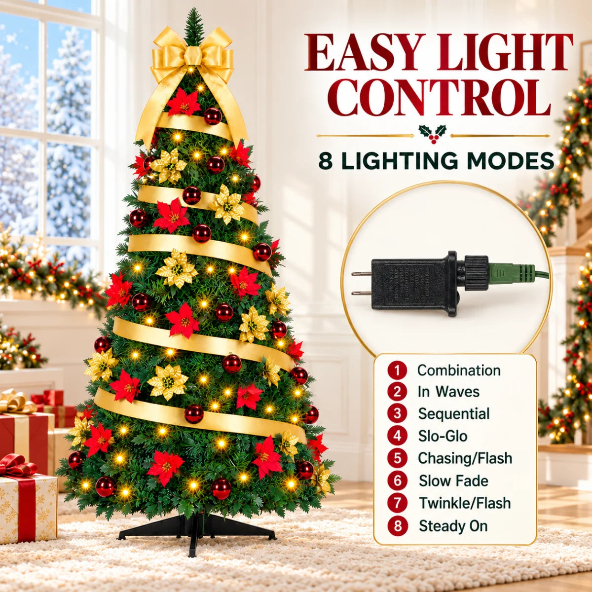 SUGIFT 6ft Pop-Up Pencil Christmas Tree, 200 LED Lights, 8 Modes, 100 Ornaments, Gold Bow, Easy Setup