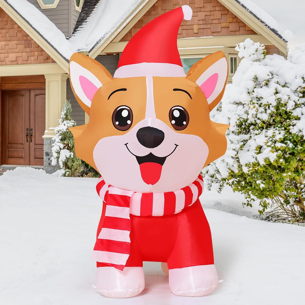 GOOSH Christmas Inflatables 4.2 FT Inflatable Dog Wearing Hat with Built-in LED Lights, Cute Inflatable Christmas Dog Blow up Corgi Dog, Outdoor Christmas Decorations for Xmas Holiday Party