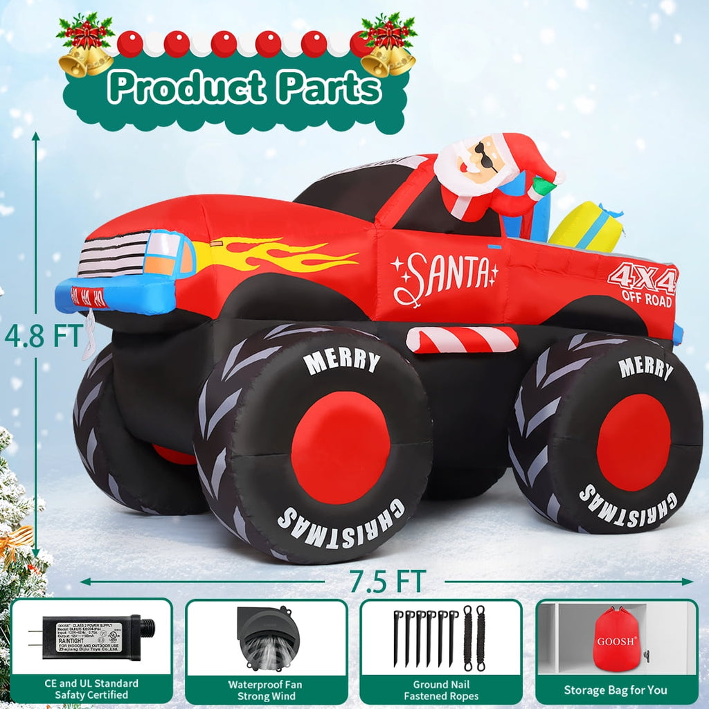GOOSH 7.5 FT Long Christmas Inflatables Santa Claus on Truck with Presents, Monster Truck Inflatable Christmas Decorations with LED Lights, Outdoor Christmas Decorations Clearance for Xmas Holiday