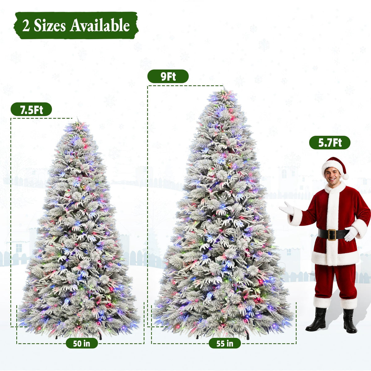 VIVATREES 7.5FT Premium Flocked Christmas Tree 550 Multi-Color LED Lights 5490 PVC PE Hinged Branch Tips Pre-Lit Artificial Xmas Pine Needles Metal Base for Home Office Holiday Decor