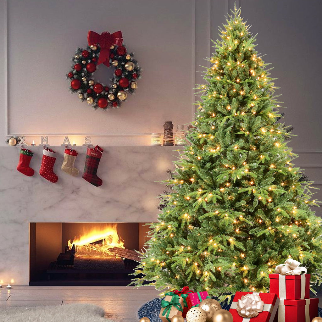 Soilhill 7.5ft Pre-Lit Artificial Christmas Tree with 3348 PE/PVC Tips, Premium Holiday Xmas Tree with 400Warm White LED Lights, Easy Assembly, Indoor Decoration