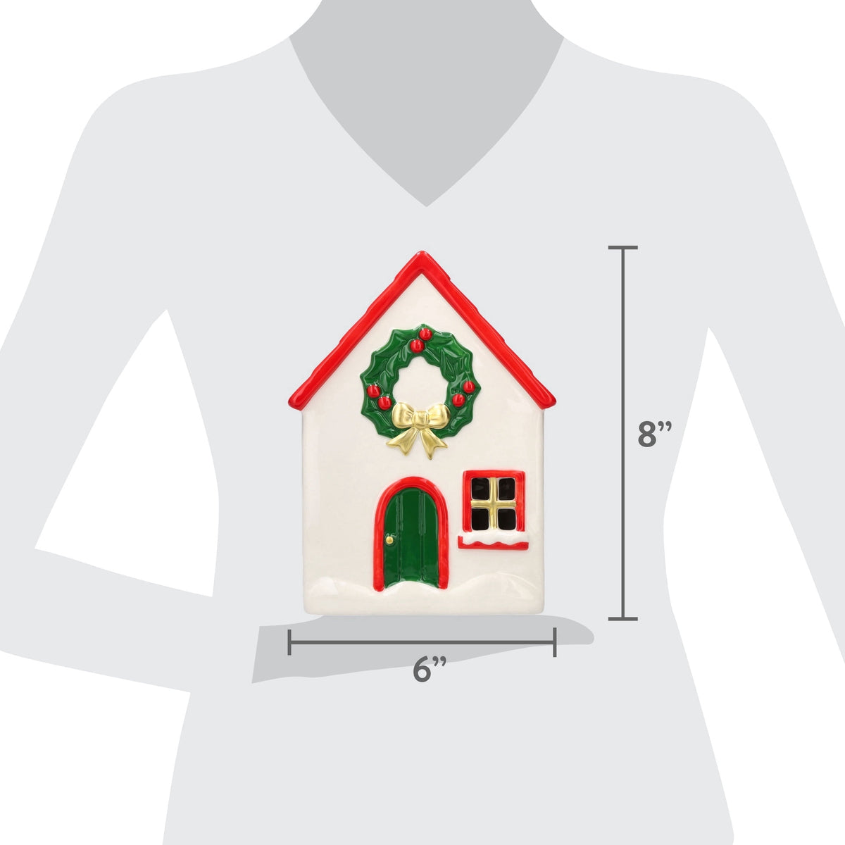 Ceramic House with Wreath Christmas Decoration, Red/White/Green, 8", by Holiday Time
