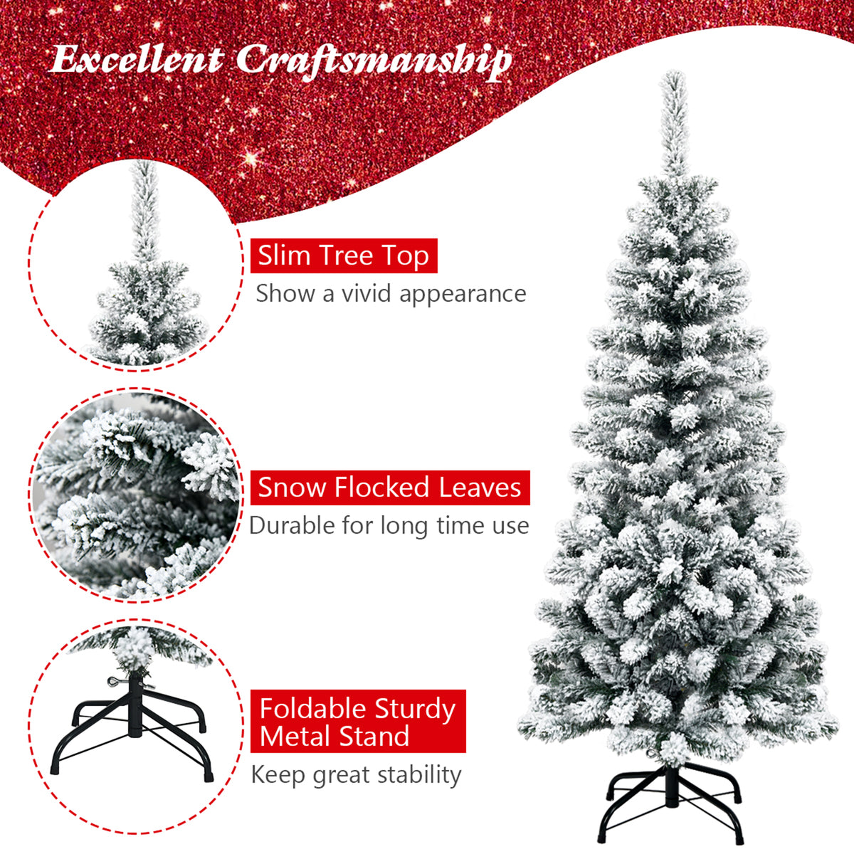 Gymax 4.5ft Snow Flocked Pencil Christmas Tree Artificial Pine Tree w/ Metal Stand