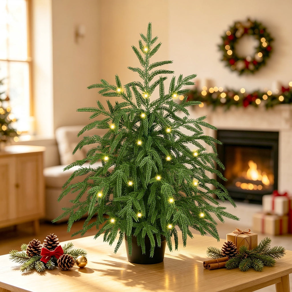 Yastouay 2FT Tabletop Christmas Tree Artificial Norfolk Pine Pre-Lit Xmas Tree with Lights for Front Porch Indoor Outdoor Christmas Decor