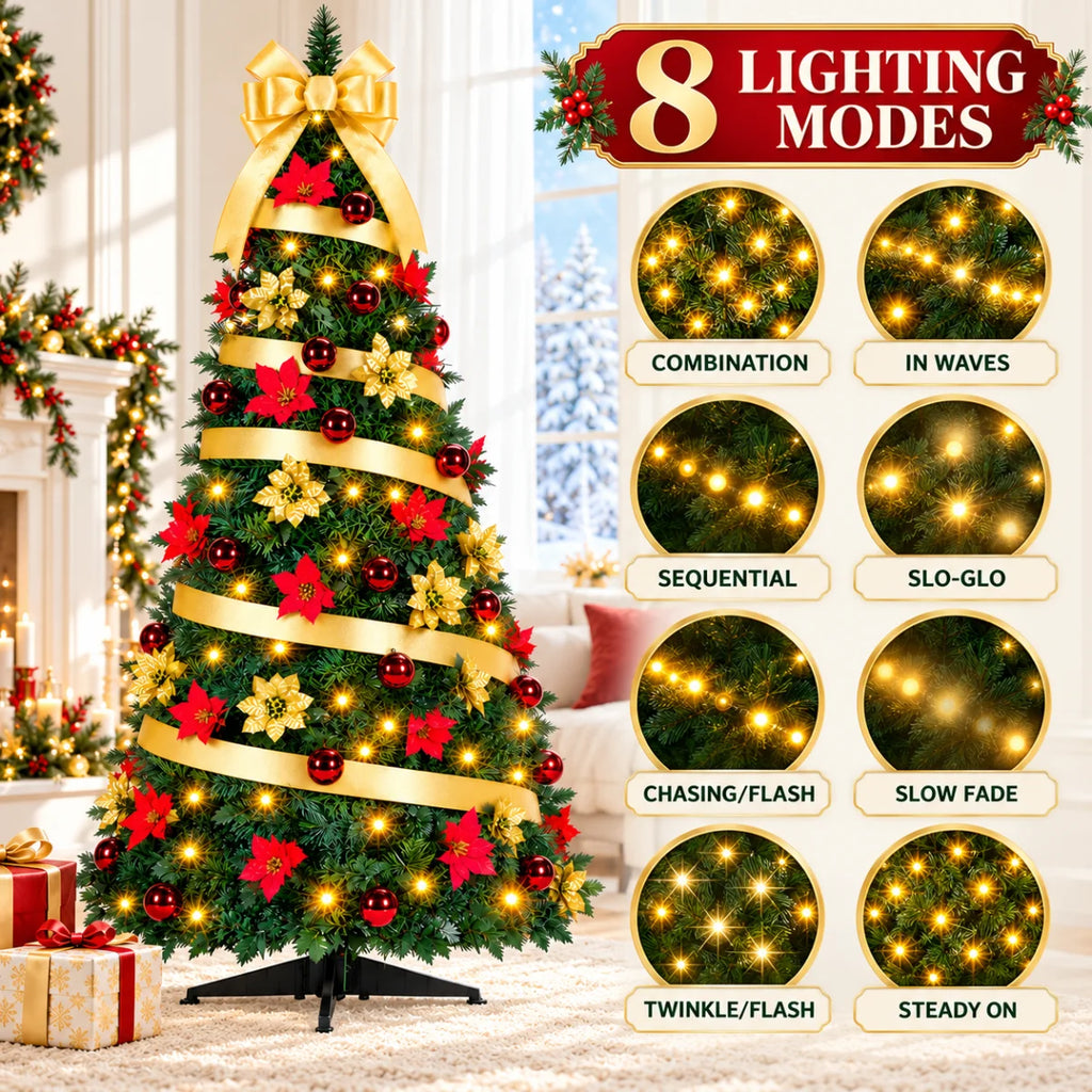 SUGIFT 6ft Pop-Up Pencil Christmas Tree, 200 LED Lights, 8 Modes, 100 Ornaments, Gold Bow, Easy Setup