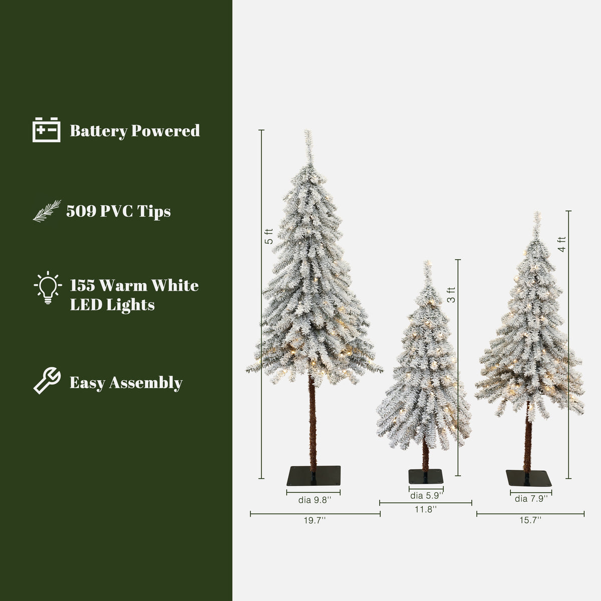 LuxenHome 3-Piece Snow-Flocked Sweeping Branches Artificial Tree Set with Battery Operated Lights
