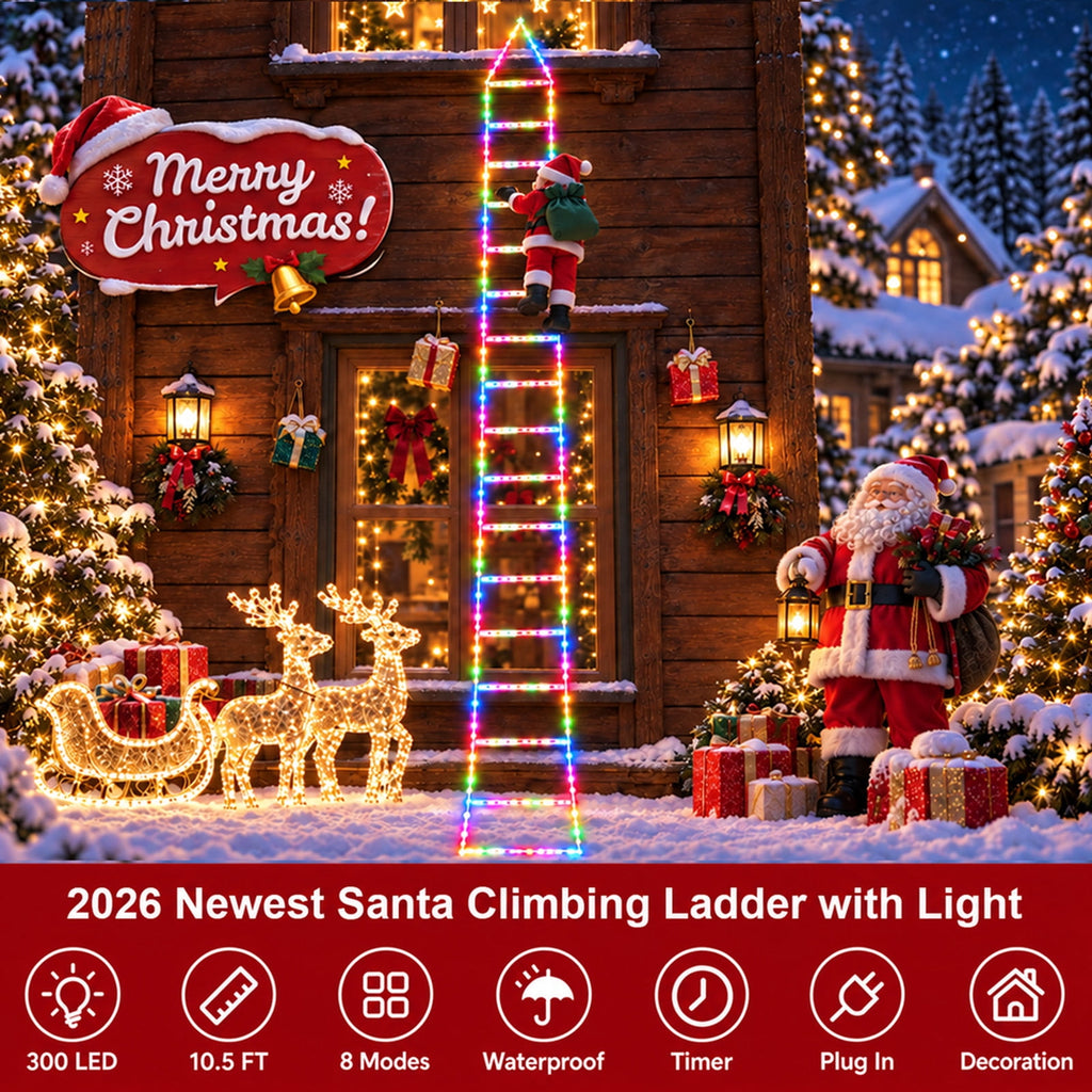 Anoak Christmas Decorations Santa Climbing Ladder with Lights, 10.5ft Christmas Decorative LED String Lights Outdoor Indoor for Xmas Tree Decor, Window, Garden, Home, Multicolor