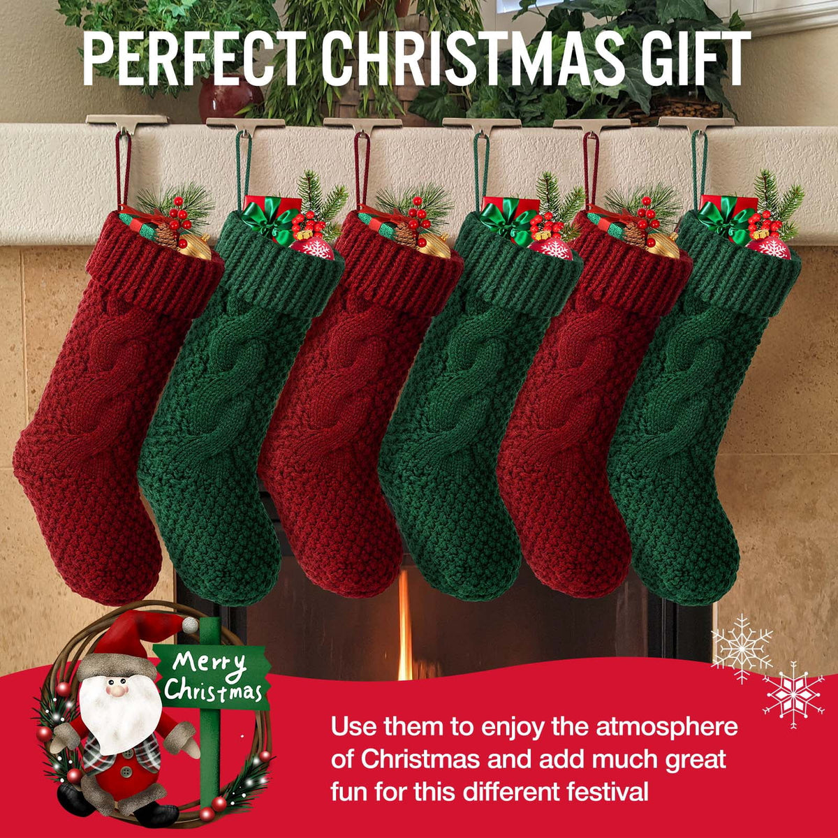 Ayieyill 6pcs Christmas Stockings Large Knitted Xmas Stockings 18 Inches Fireplace Hanging Stockings for Family Holiday Christmas Decoration