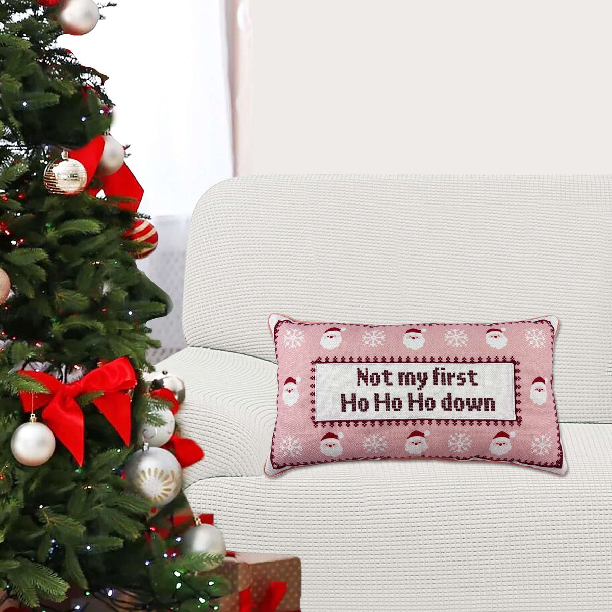 Holiday Time Santa Lumbar Pillow - Not My First Ho Ho Ho Down Decorative Christmas Accent, Pink and Red, 18" x 10"