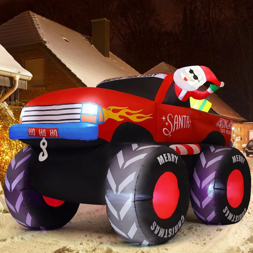 GOOSH 7.5 FT Long Christmas Inflatables Santa Claus on Truck with Presents, Monster Truck Inflatable Christmas Decorations with LED Lights, Outdoor Christmas Decorations Clearance for Xmas Holiday