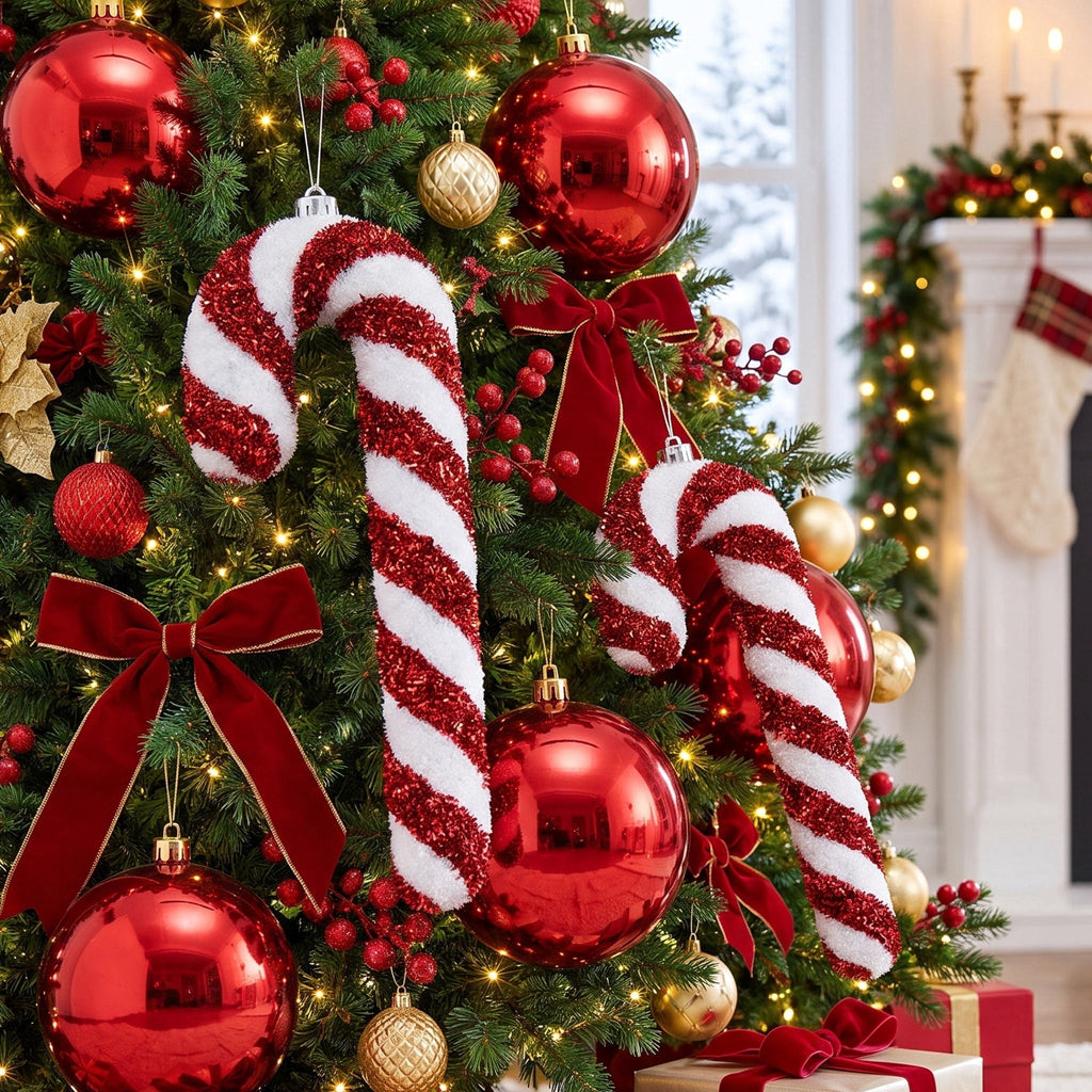 2-Count Red and White Jumbo Tinsel Candy Cane Shatterproof Christmas Ornaments, 14", by Holiday Time