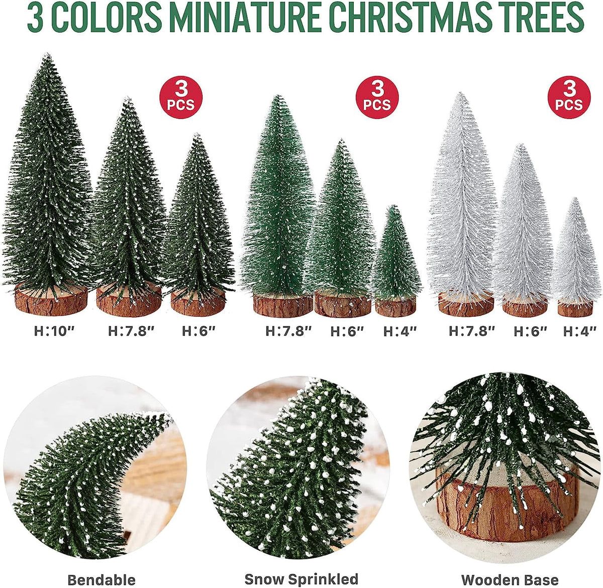Ayieyill 9Pcs Mini Christmas Trees Christmas Decor Artificial Christmas Decorations with 4 Sizes, Christmas Tree Bottle Brush Trees Christmas Table Decorations (Pink+White)
