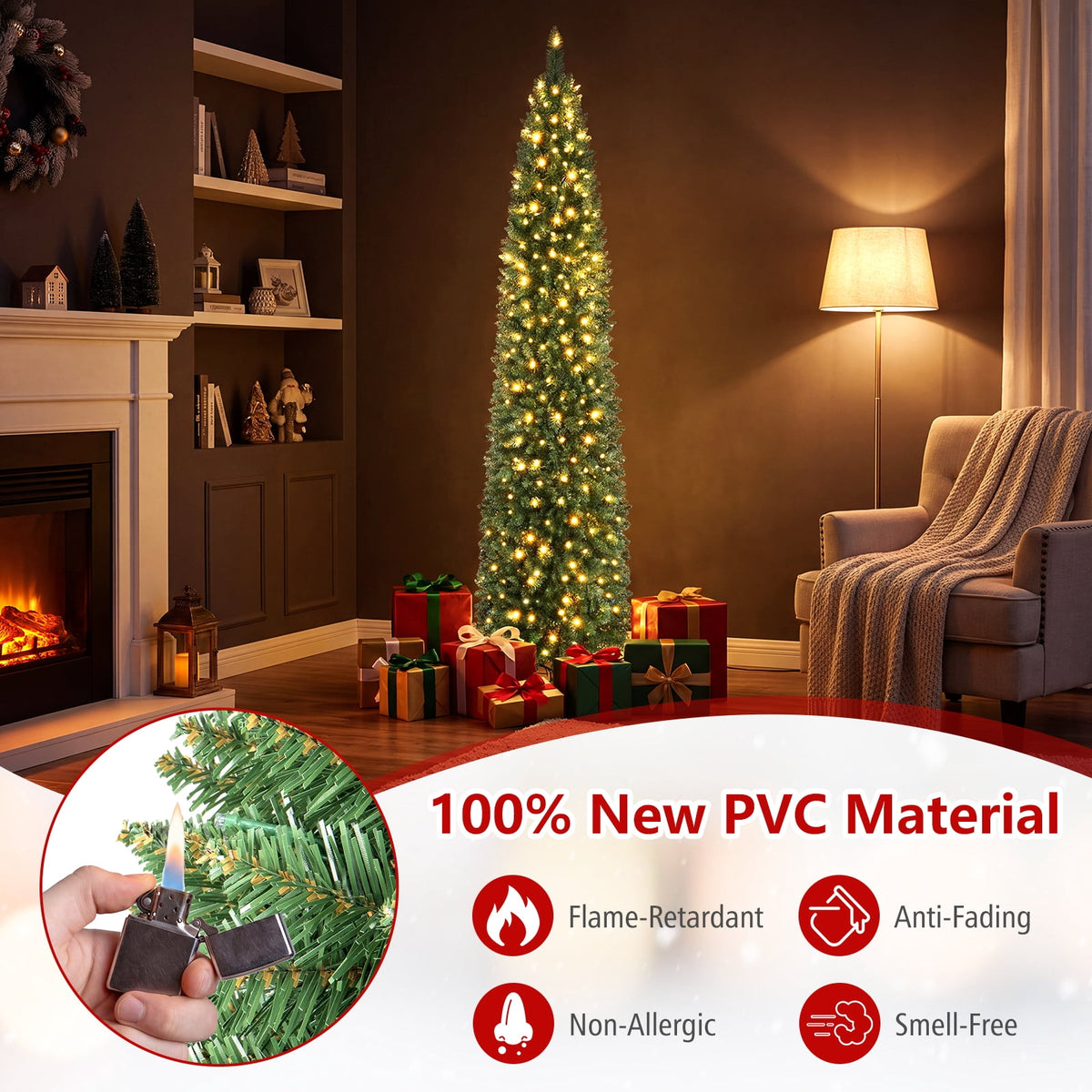 Costway 5 FT Pre-Lit Pencil Christmas Tree with 150 LED Lights & 296 Branch Tips Party