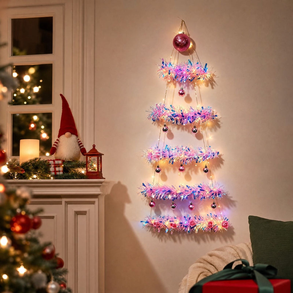 DIY Wall Mounted Christmas Trees with LED Light, Wall Hanging Christmas Tree, Space-Saving Christmas Decor Ideas for Small Space Home Holiday Decoration, 100x40cm