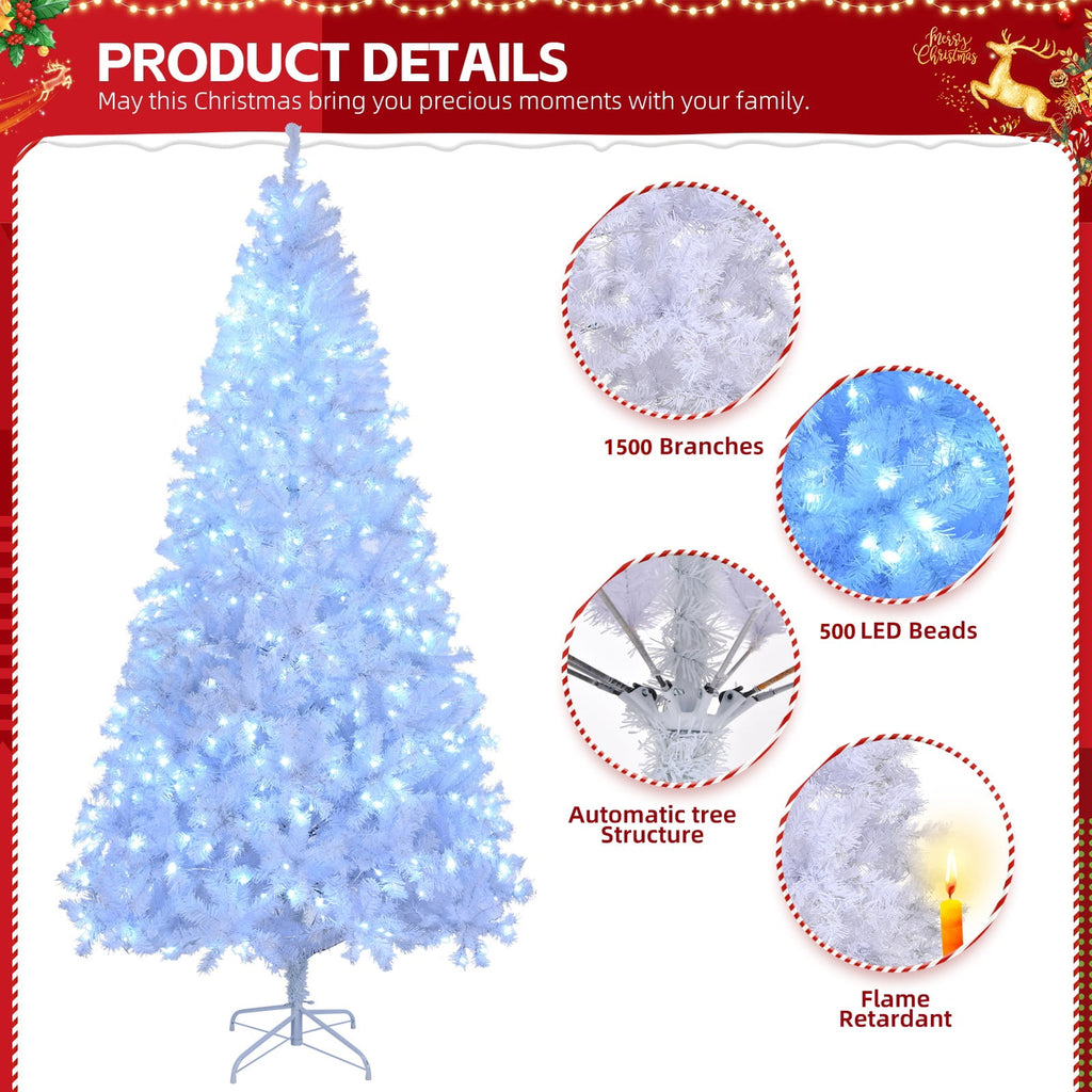 Ktaxon 8 FT Pre-lit Christmas Tree, Xmas Tree Hinged Branches with 500 RGB Lights and 1500 Branch Tips APP Controlled, for Holiday Party Store Office Home, White