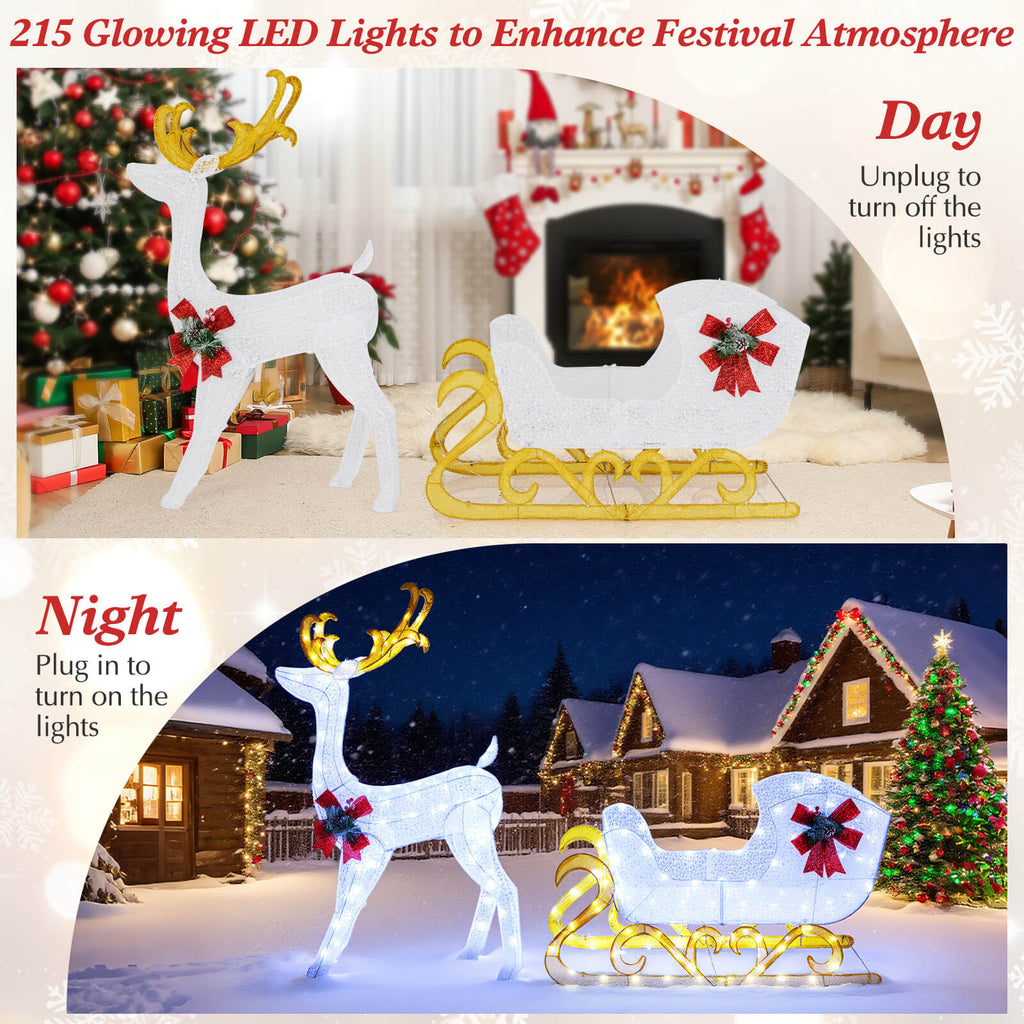 Costway 6 FT Christmas Lighted Reindeer & Santa's Sleigh W/ 215 LED Lights & 4 Stakes Gold