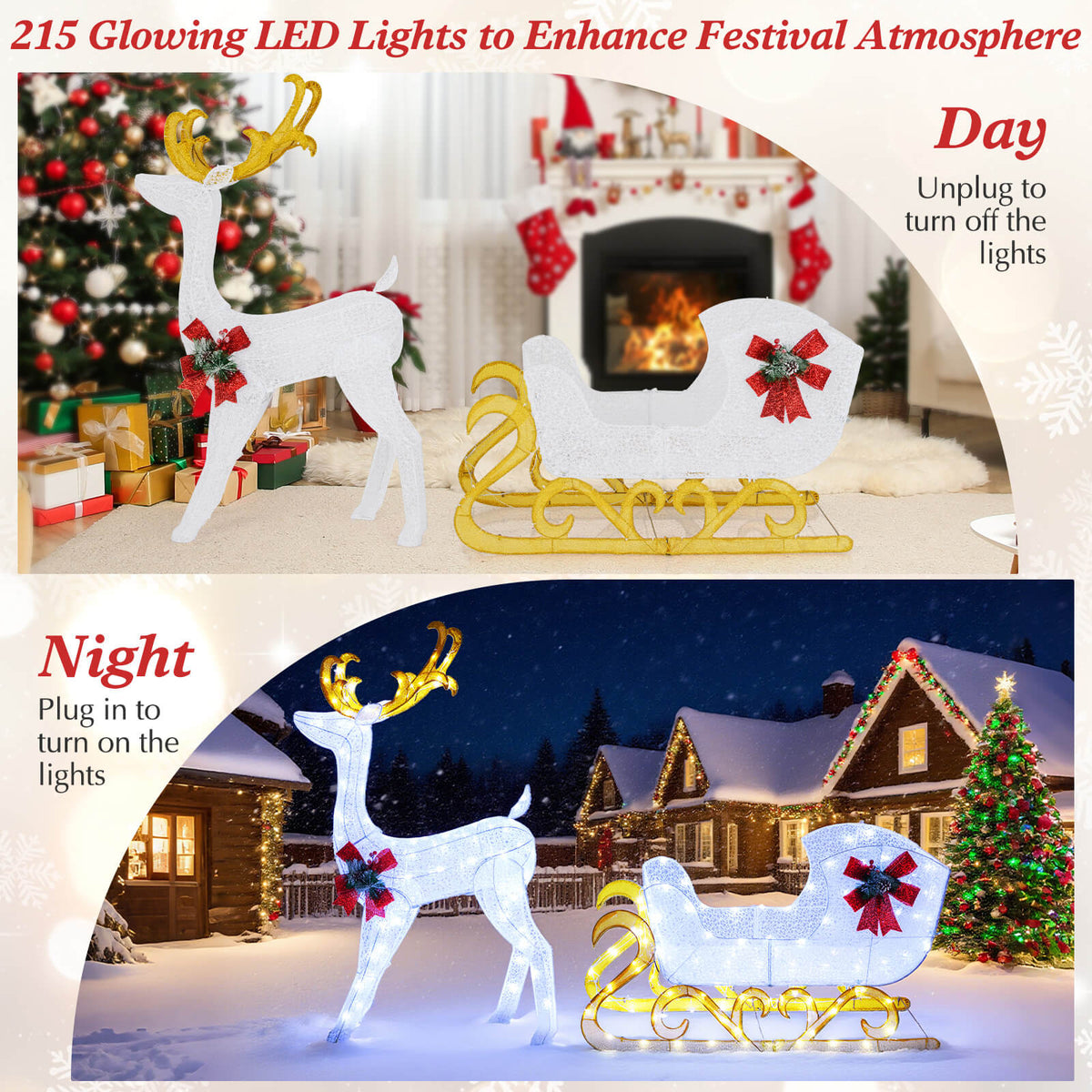 Costway 6 FT Christmas Lighted Reindeer & Santa's Sleigh W/ 215 LED Lights & 4 Stakes Gold
