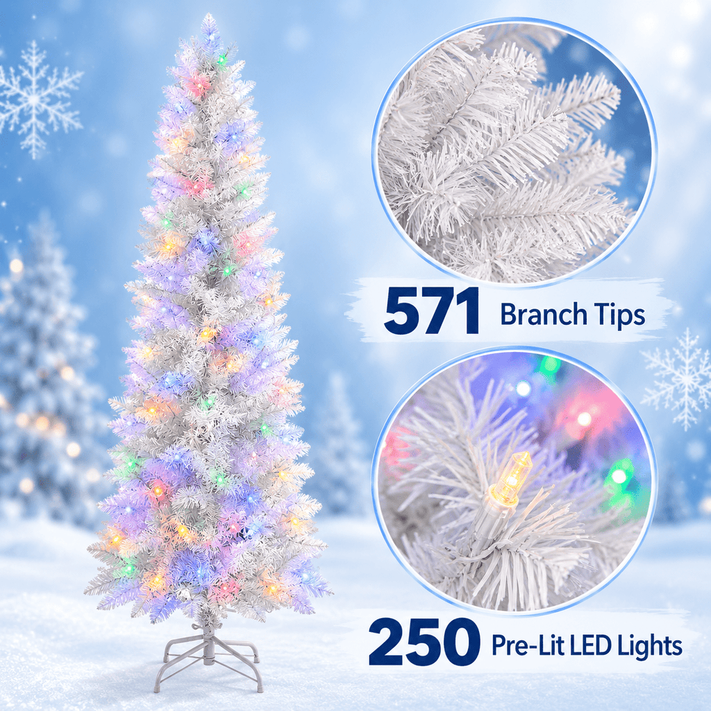 TENSAKEE 6 ft White Pencil Christmas Tree, Slim Pre-Lit Snow Flocked Artificial Xmas Tree with 571 Branch Tips, Party Decor