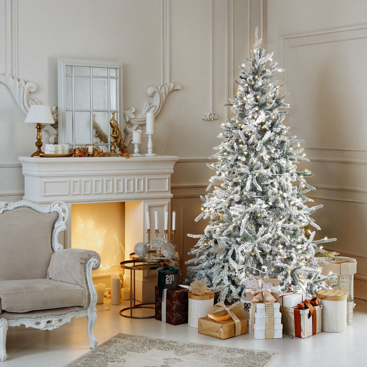 Fraser Hill Farm 6.5-Ft Flocked Mountain Pine Artificial Christmas Tree with Warm White LED Lights, FFMP065-5SN