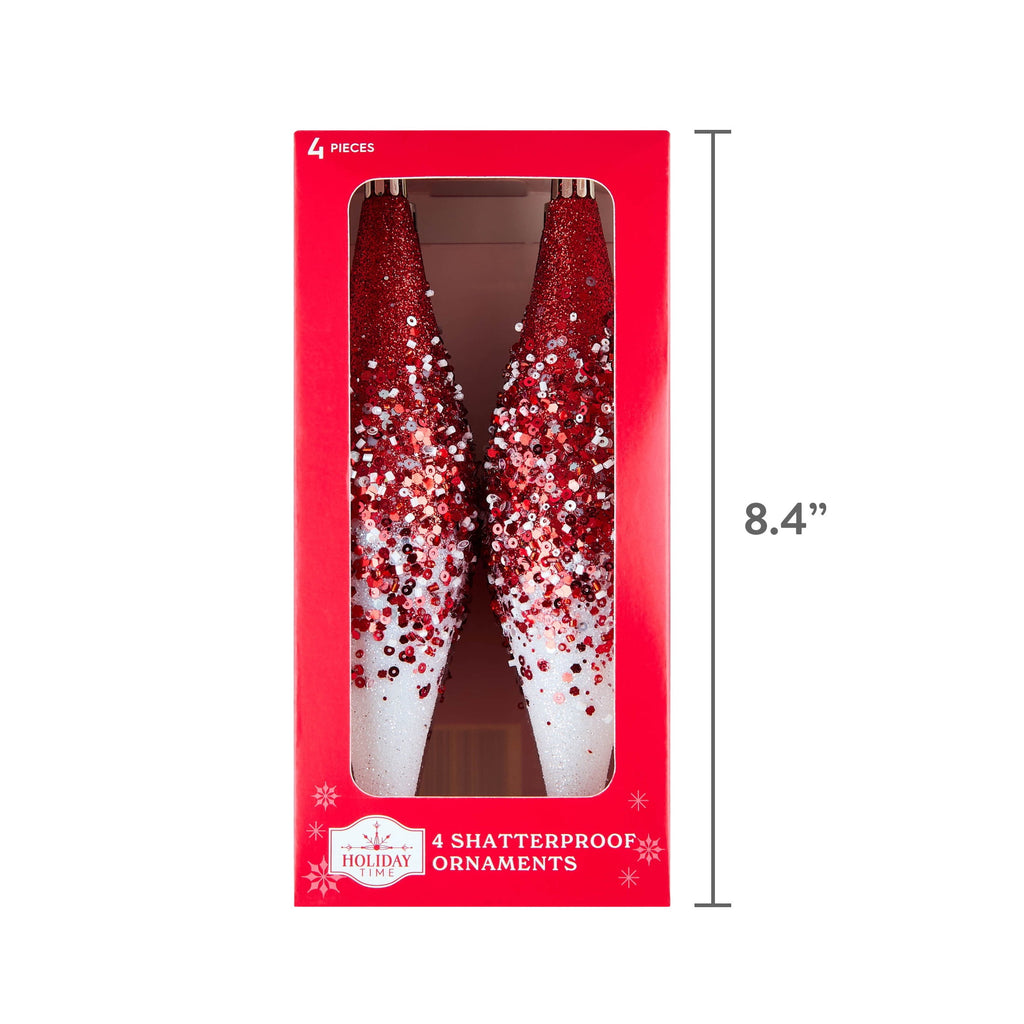 4-Count Red and White Glitter Ombre Finial Shatterproof Christmas Ornaments, 8.35", by Holiday Time