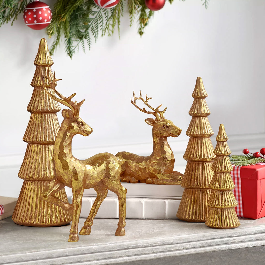 Ayieyill 5PCS Tree and Reindeer Decoration, Christmas Tree Reindeer Figurines, Christmas Decortion Indoor (Rose Gold)