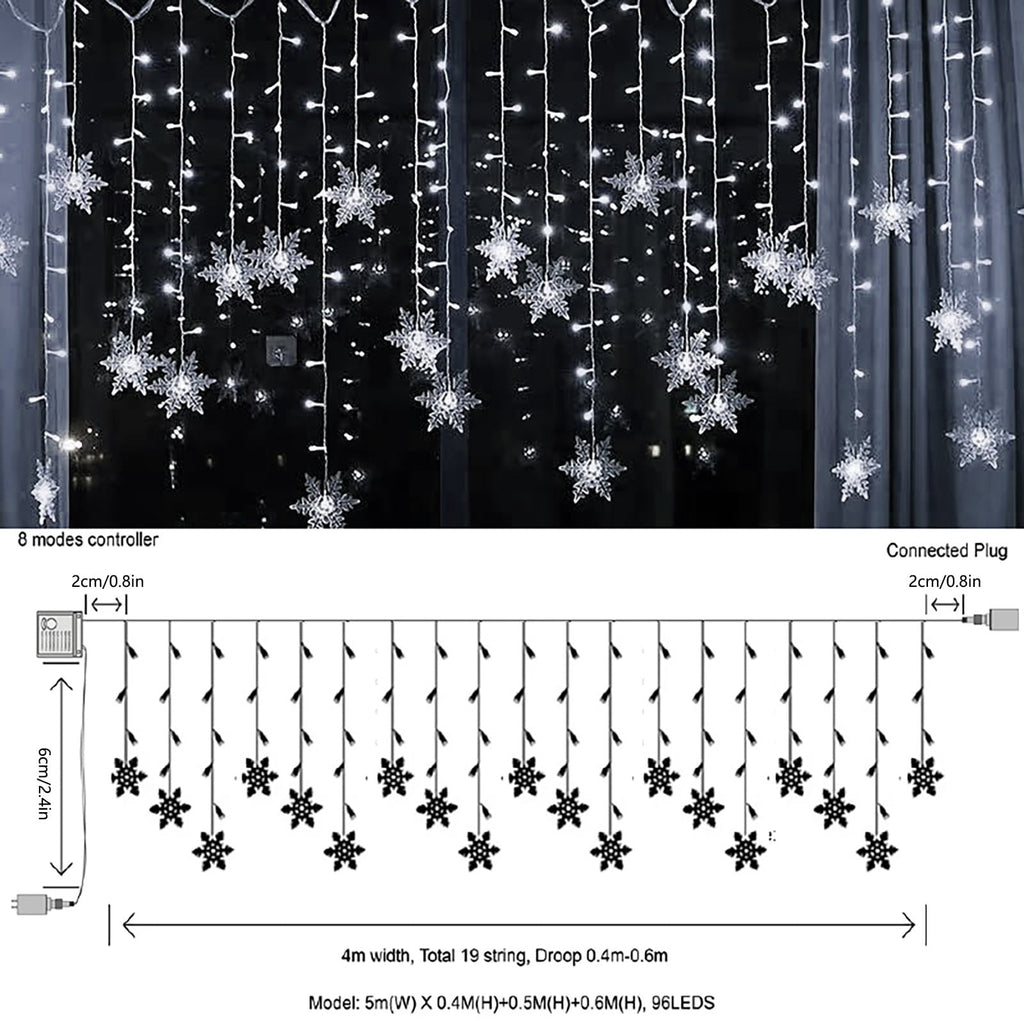 LED Curtain Lights,13ft/4M 96 LED Snowflake Curtain String Lights Plug-in Memory Window Curtain Lights with 8 Modes Decoration for Christmas, Wedding, Party,Wall, Home Decorations
