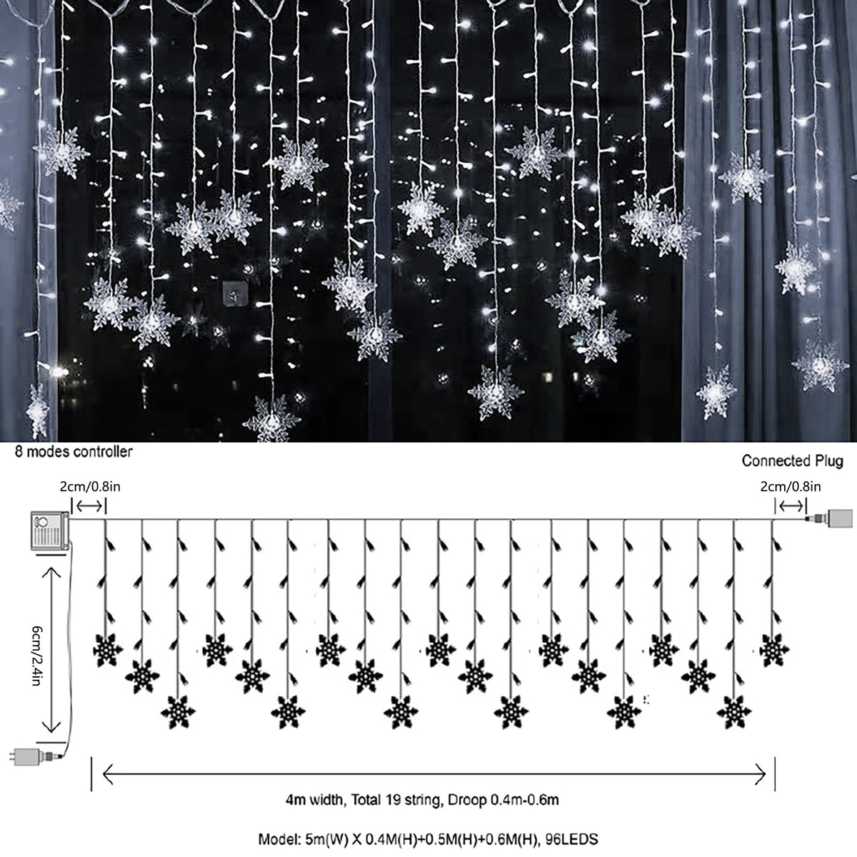 LED Curtain Lights,13ft/4M 96 LED Snowflake Curtain String Lights Plug-in Memory Window Curtain Lights with 8 Modes Decoration for Christmas, Wedding, Party,Wall, Home Decorations
