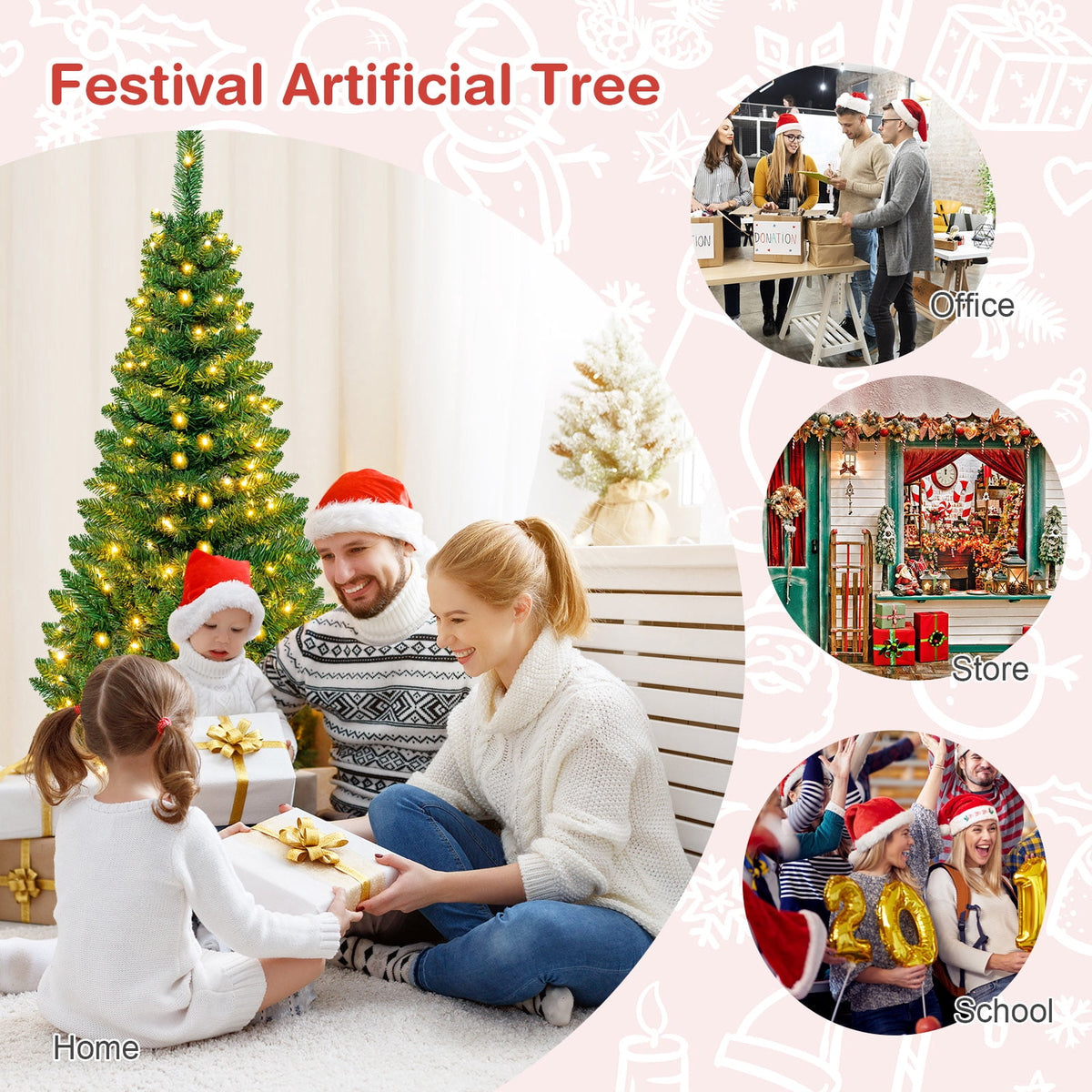 Topbuy 6.5ft Pencil Christmas Tree Pre-Lit Hinged Artificial Decoration w/ 250 Warm White Lights