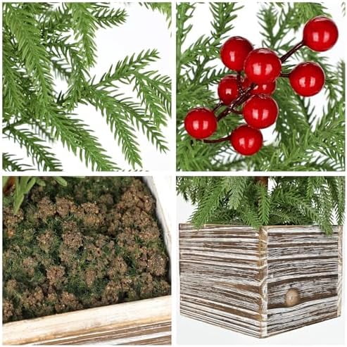23.6 Inch Farmhouse Faux Cypress Table Tree with Red Berries and Wooden Base