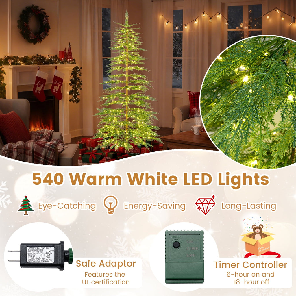 Costway 6.5 FT Pre-Lit Cypress Christmas Tree Hinged with 470 PE Branch Tips Timer & 430 Lights