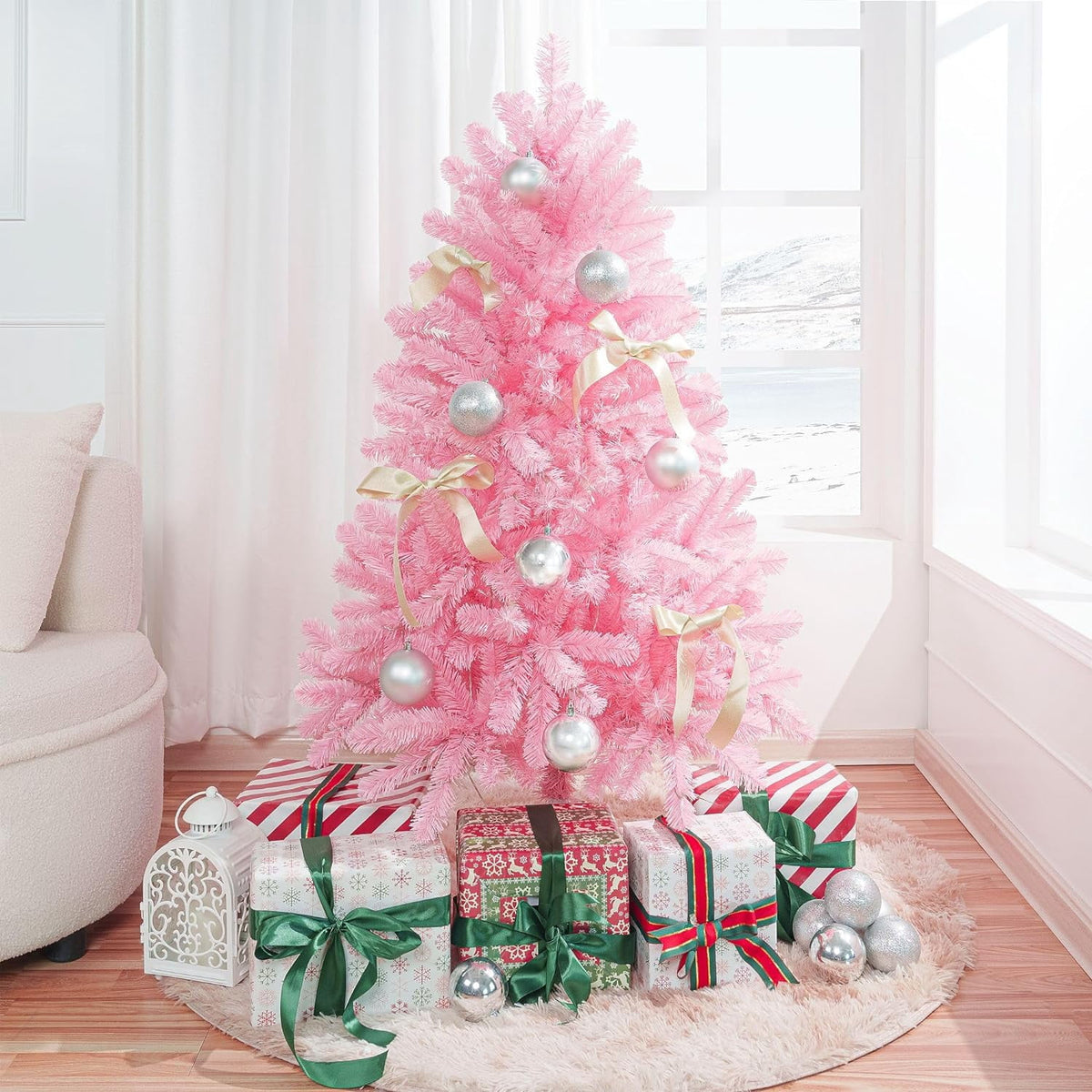 Naomi Home 7.5ft Gold Christmas Tree with Lights, Unique Colored Christmas Tree Prelit with 1412 Branch Tips, 600 Warm Lights and Metal Stand, Aritificial Christmas Tree