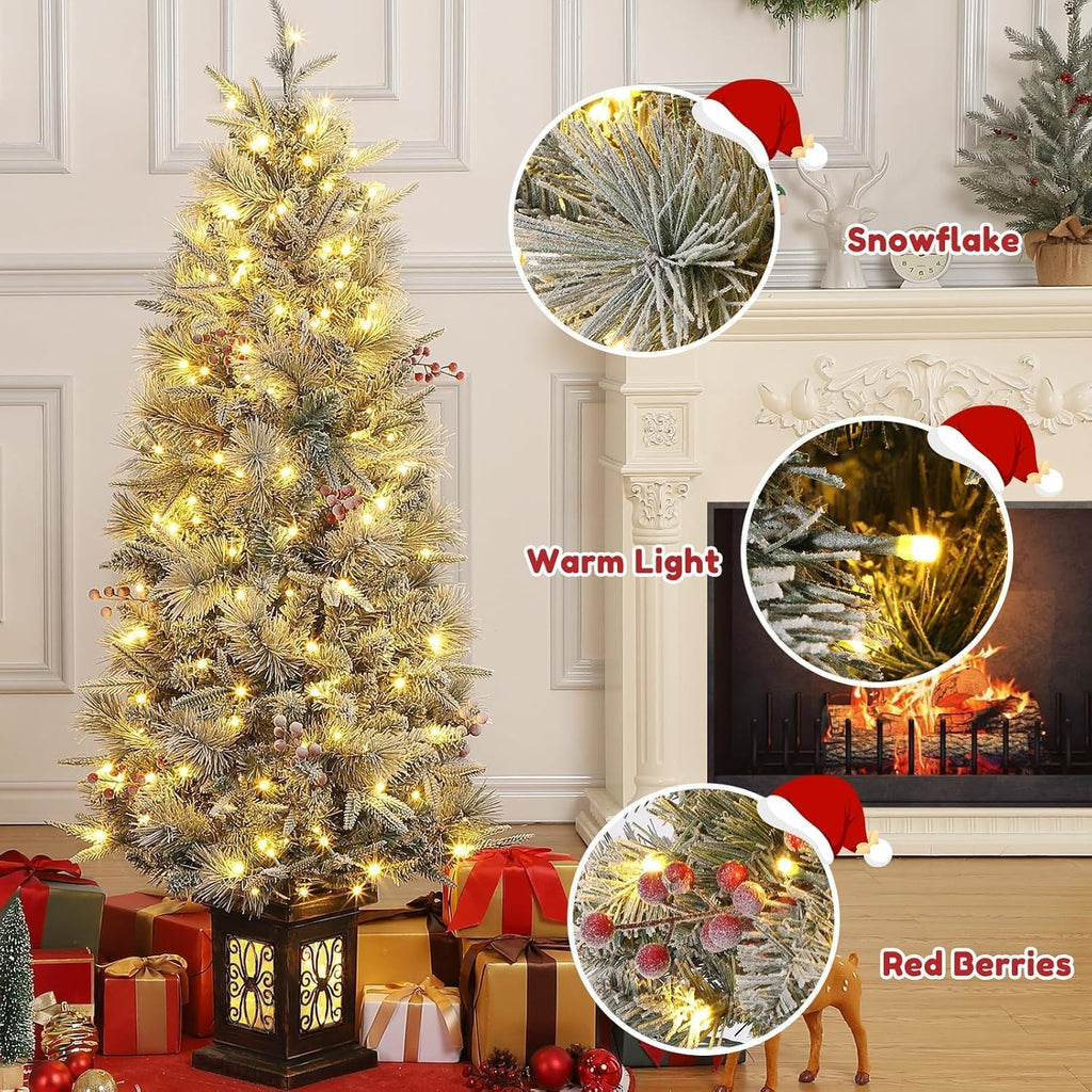 4ft Pre-Lit Artificial Christmas Tree with Large Box Base, 200 LED Lights, 4 Red Berries, Full Snow Branch Tips, Small Snowy Christmas Tree for Home, Office