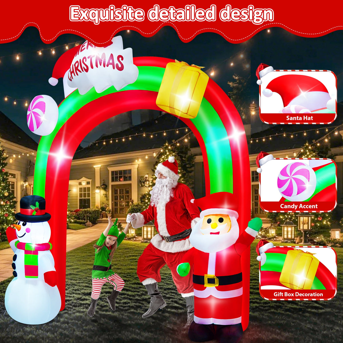 Yexmas 8FT Christmas Inflatable Archway,Christmas Blow Up Yard Decorations with Santa Claus and Snowman,Outdoor Christmas Decorations with Bow LED Lights
