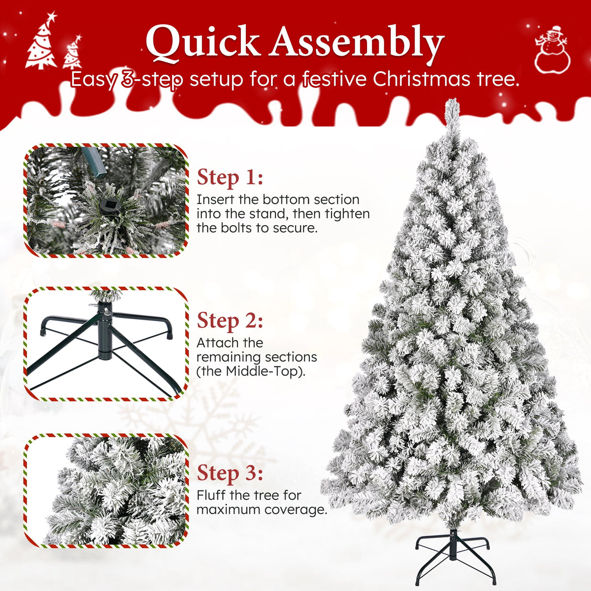 Vebreda 7.5ft Snow Flocked Hinged Artificial Christmas Tree Without Lights, Indoor White