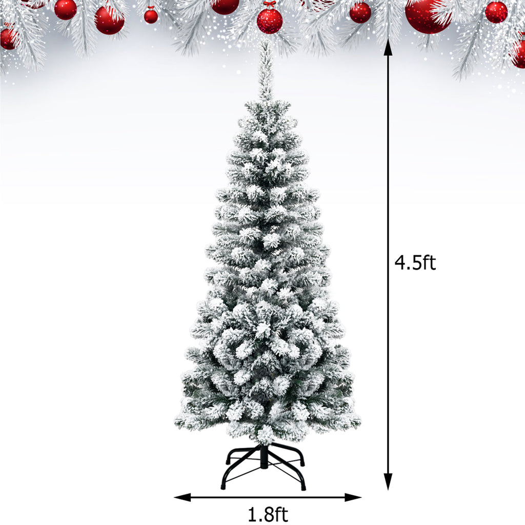 Gymax 4.5ft Snow Flocked Pencil Christmas Tree Artificial Pine Tree w/ Metal Stand