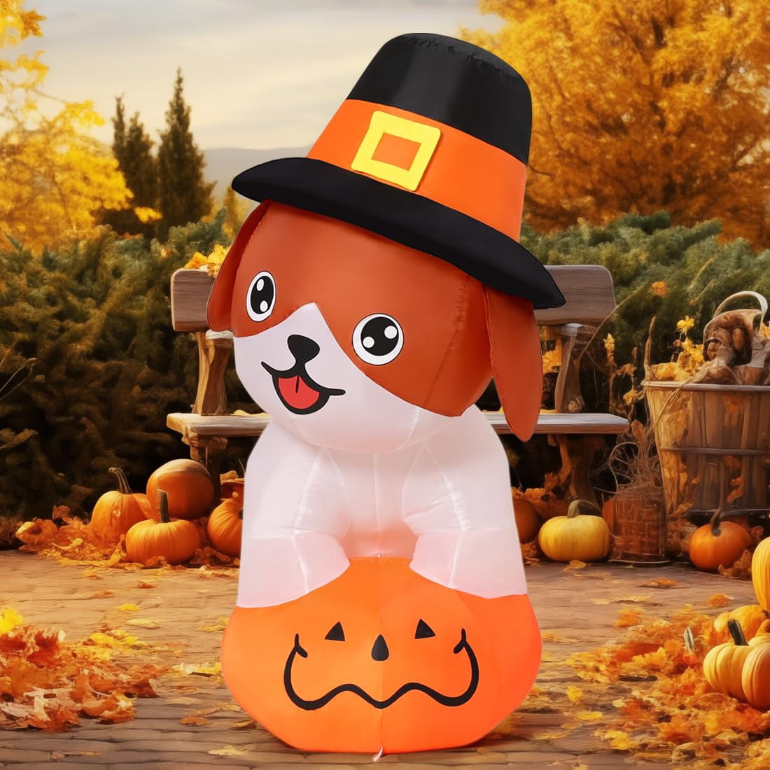 GOOSH 5.2 FT Tall Thanksgiving Inflatables Dog with Pilgrim Hat, Cute Puppy Standing on Pumpkin with Pilgrim Hat with Built-in LEDs, Outdoor Thanksgiving Inflatables Clearance for Garden Party Decor