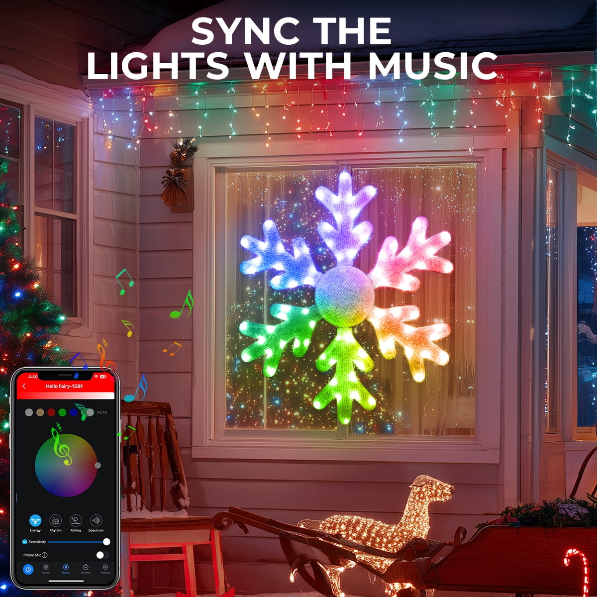 32" Christmas Giant Snowflake Smart Lights DIY Color Changing Music Sync Remote & App Control 78 LEDs Large Prelit Window Hanging Lights for Holiday Indoor Wall Door Window Porch Decor