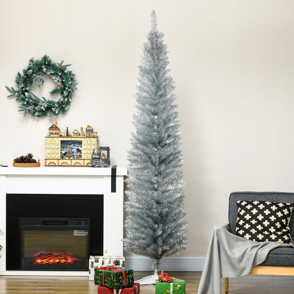 Kadyn Christmas Tree, Xmas Trees,6' Artificial Pencil Christmas Tree with 390 Realistic Branch Tips and Plastic Stand, Silver