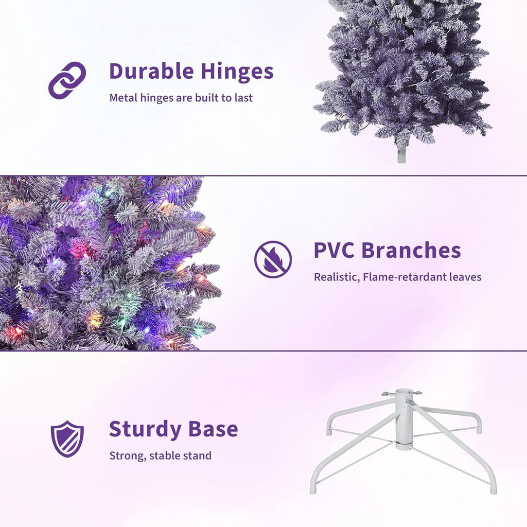 4.5/6/7.5/9 ft Flocked Pencil Christmas Tree with 100 Lights, Pre Lit Tall Skinny Christmas Tree with PVC Branch Tips, Premium Hinged Xmas Tree with Metal Base, Slim Artificial Christmas Tree