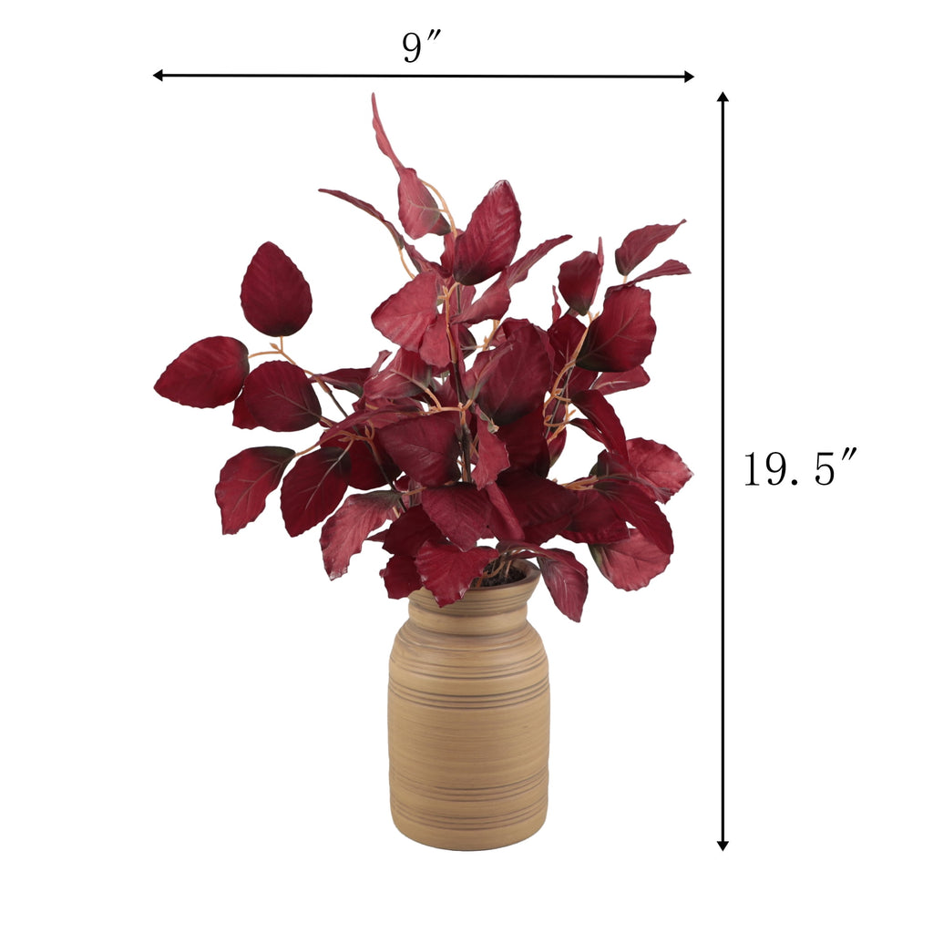 Better Homes and Gardens 19.5"H Artificial Real Touch Burgundy Leaves in 7.38"H Brown Ceramic Vase Made for Tabletops - 1.76 lbs