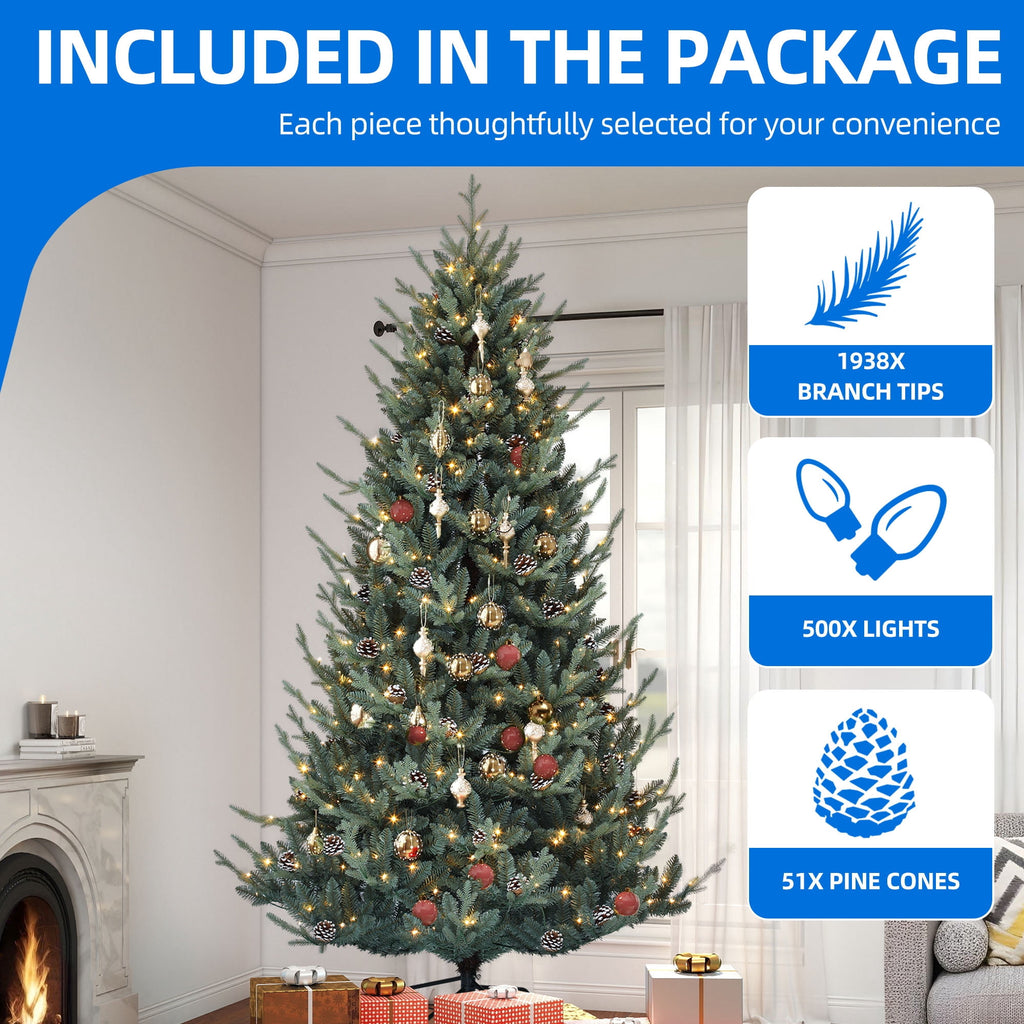 Dextrus 7.5 ft Prelit Spruce Christmas Tree with 51 Pine Cones, Hinged Artificial Christmas Tree with 1938 PE&PVC Tips & 500 Lights,11 Light Modes, Remote Control