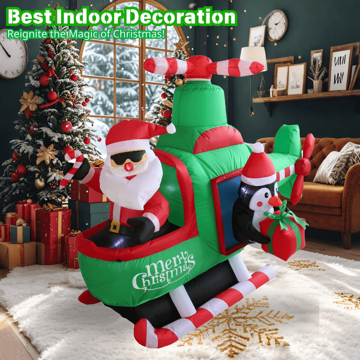 6.5FT Christmas Inflatable Helicopter with Santa and Penguin Outdoor Decoration