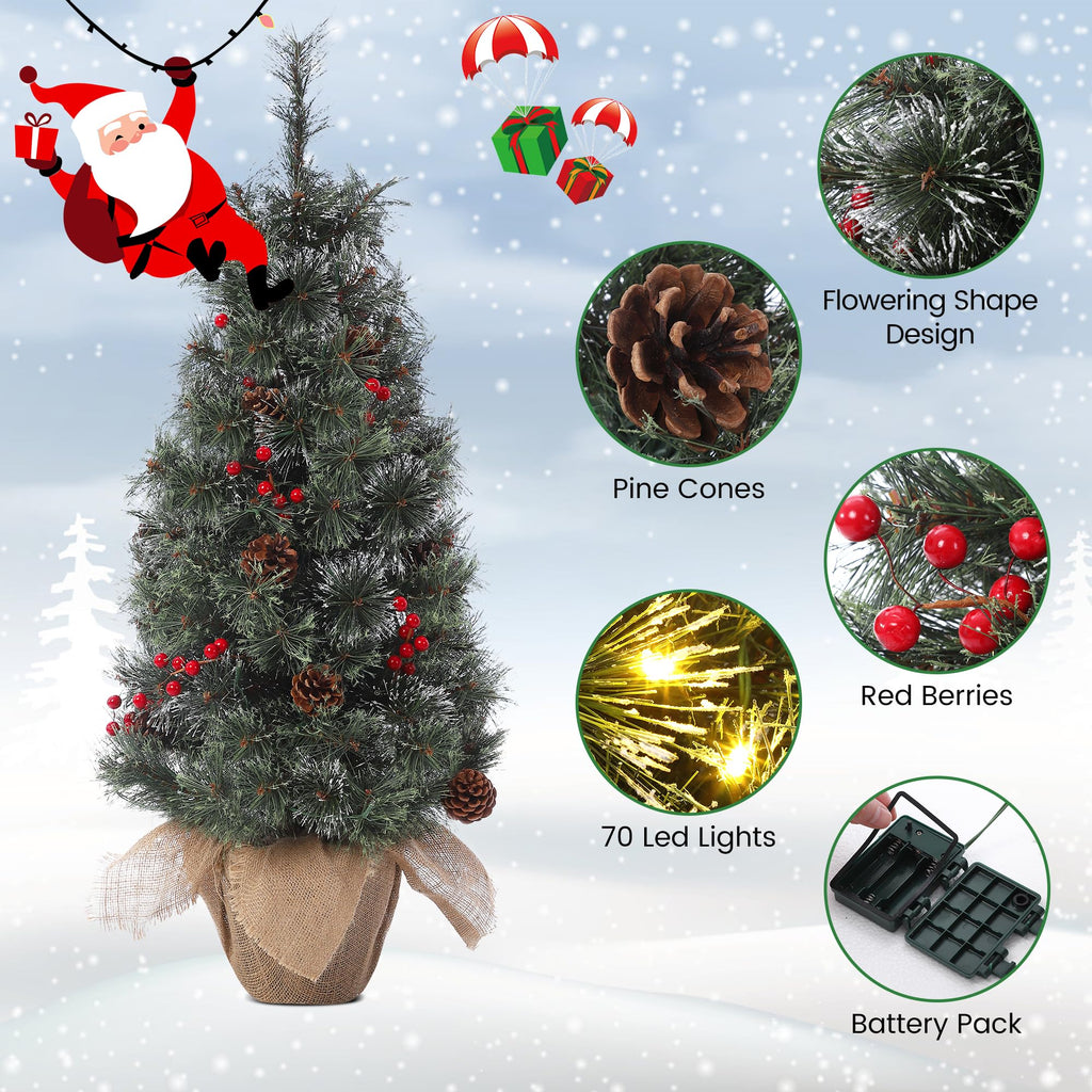 Huisuilinss Artificial Mini Christmas Tree,3FT Pre-Lit Christmas Tree,Tabletop Christmas Tree With Led Lights,Battery Powered Xmas Decoration For Fireplace Office Home Decor Indoor