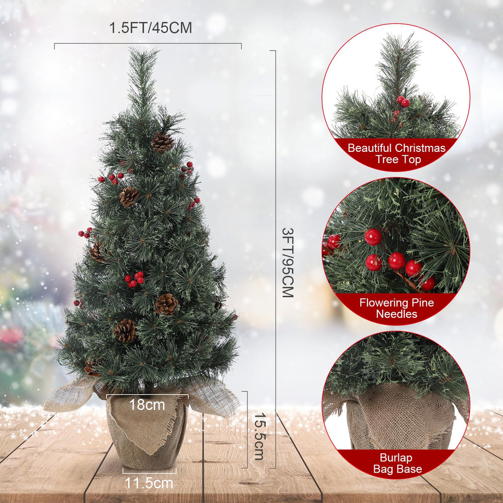 Huisuilinss Artificial Mini Christmas Tree,3FT Pre-Lit Christmas Tree,Tabletop Christmas Tree With Led Lights,Battery Powered Xmas Decoration For Fireplace Office Home Decor Indoor