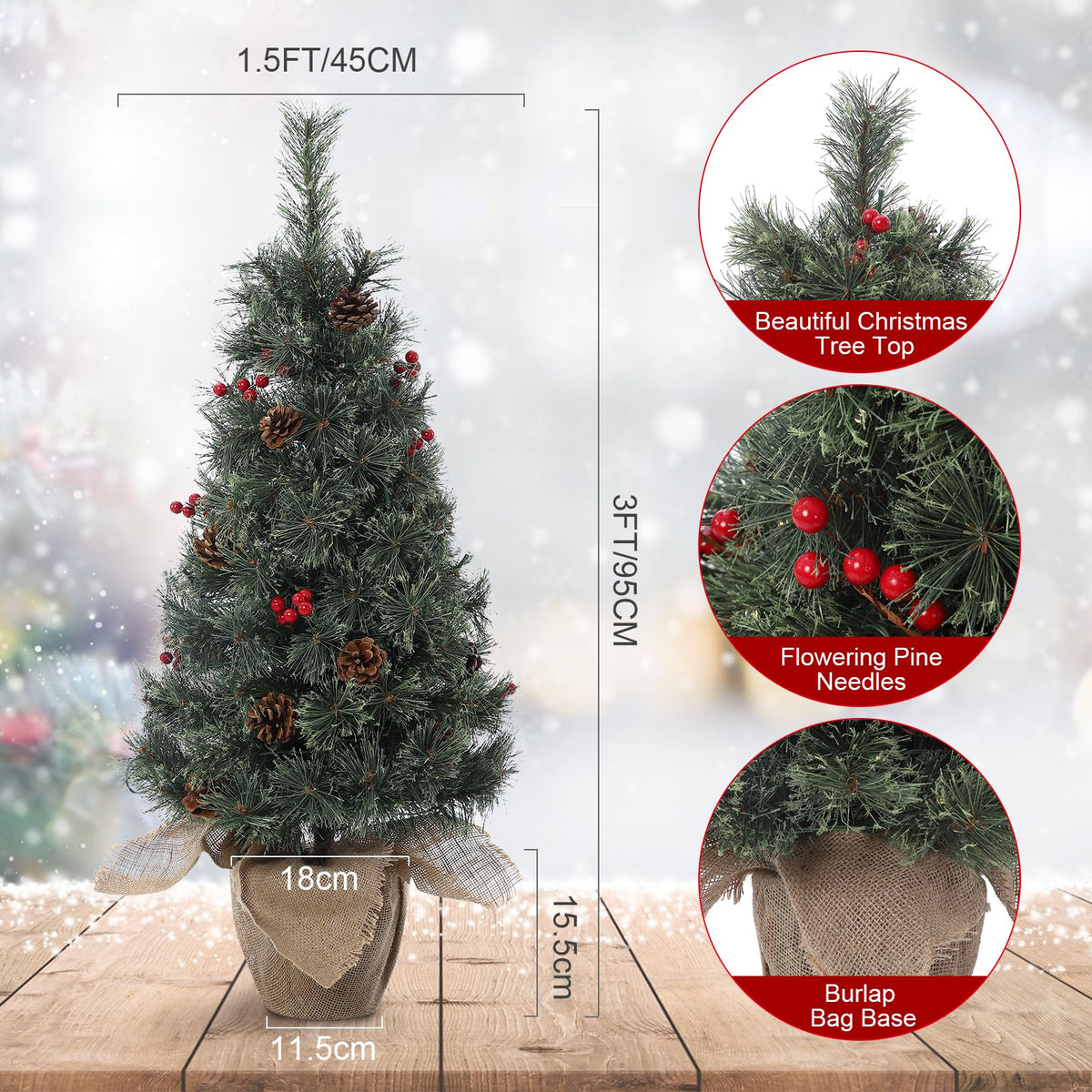 Huisuilinss Artificial Mini Christmas Tree,3FT Pre-Lit Christmas Tree,Tabletop Christmas Tree With Led Lights,Battery Powered Xmas Decoration For Fireplace Office Home Decor Indoor