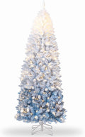 6ft Blue Gradient Snow Flocked Pencil Christmas Tree, Slim Artificial Holiday Decor with Sturdy Metal Stand, Flame-Retardant PVC, for Home, Party