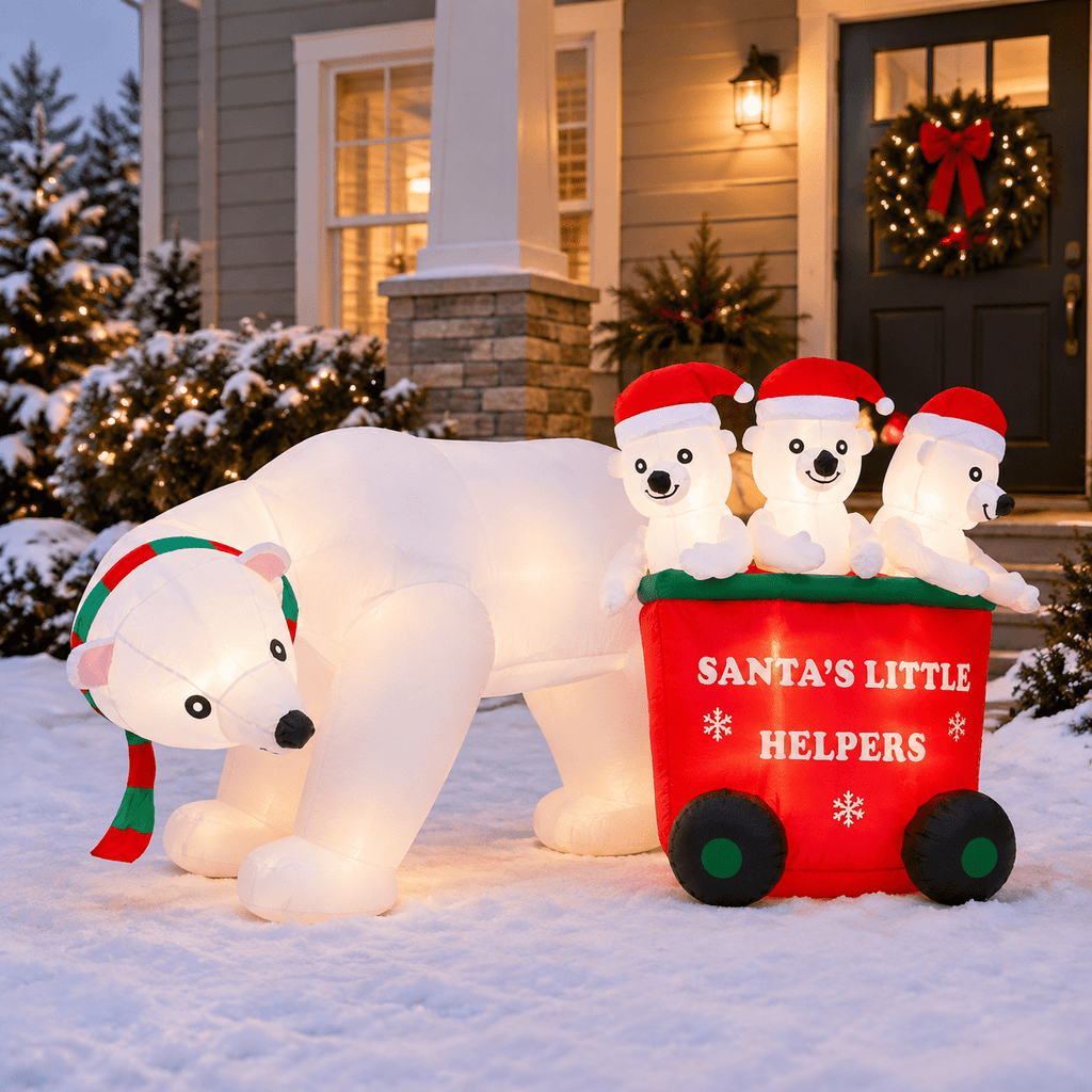 7 Ft Christmas Inflatable Polar Bear with Santa Hat Outdoor Yard Lawn Holiday Decoration