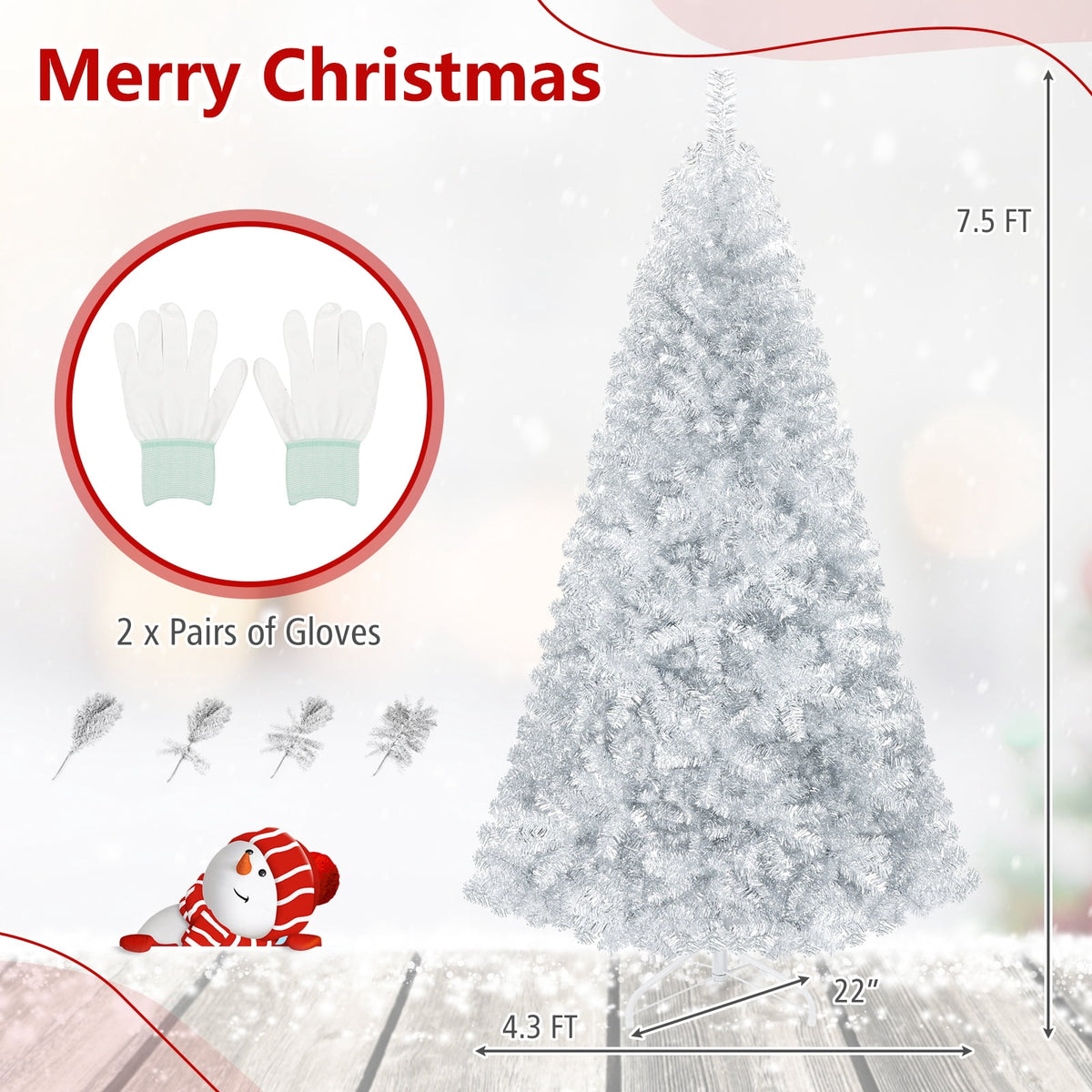 Costway 7.5 FT Artificial Christmas Tree Hinged Unlit Xmas Tree Silver
