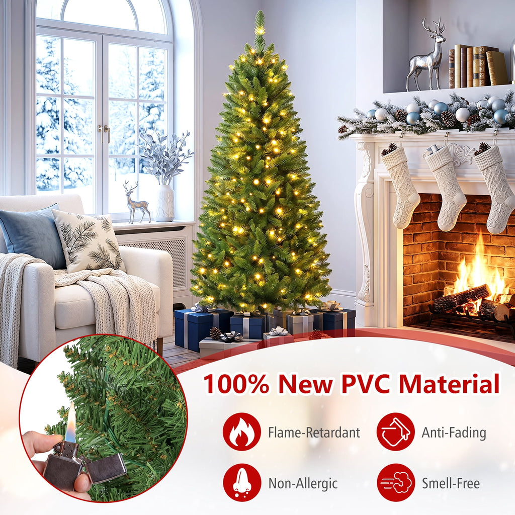 Costway 6Ft Pre-lit Artificial Pencil Christmas Tree Hinged Fir PVC Tree with 250 LED Lights